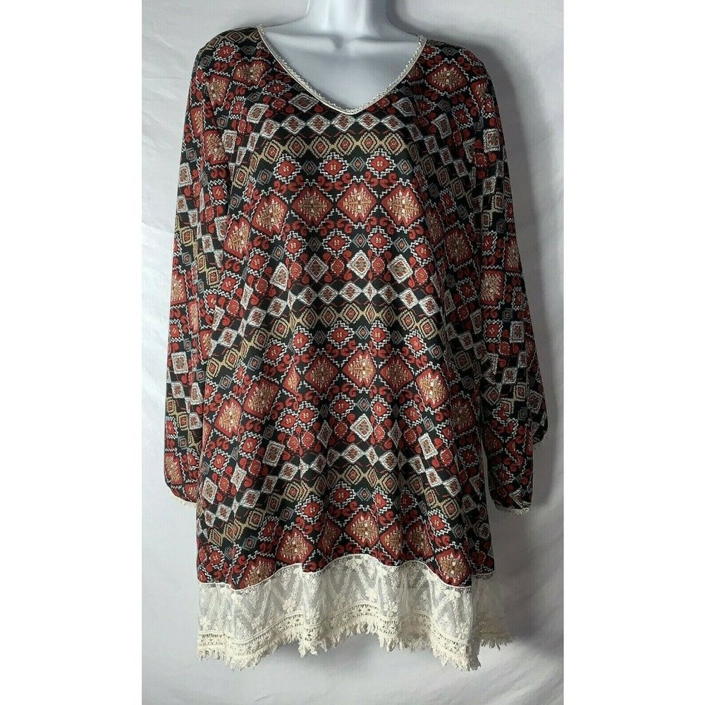 LTX Sportswear Womens Dress Tunic Top M Boho Black Red Gray Bell Sleeve Lace